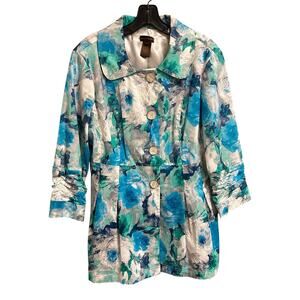Multiples Blue White Watercolor Floral Print Button Front Jacket Womens Large